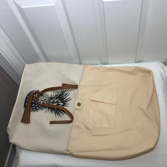 Sonoma Pineapple Natural Canvas Snap Closure Tassel Detail Hard Bottom Tote Bag, - Picture 12 of 16